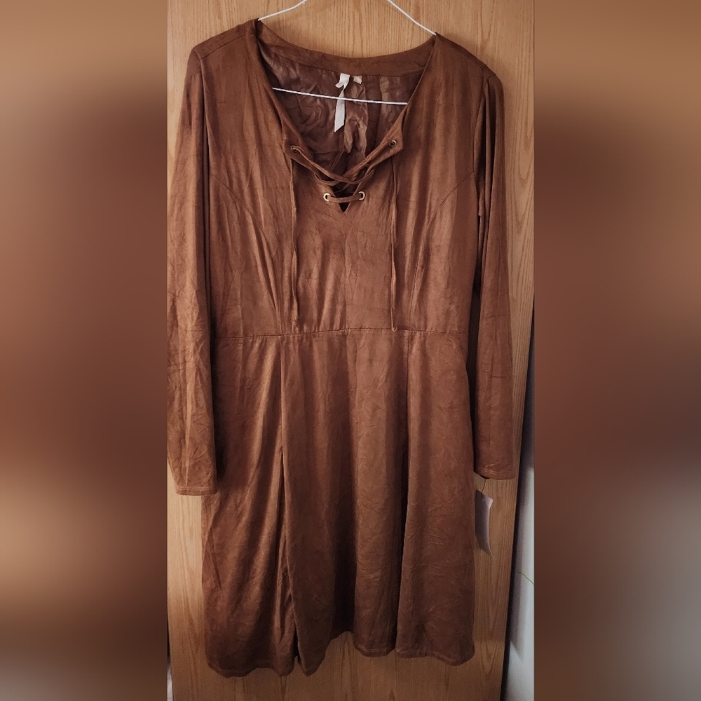 NY Collection Brown Long Sleeve Scoop Neck Sundress